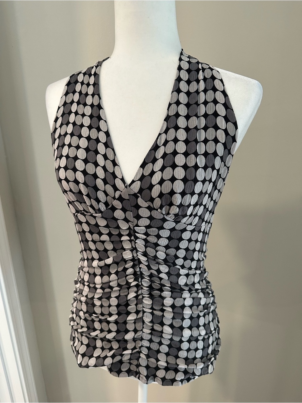 Express Black and Cream Polka Dot Ruched V-Neck Camisole
